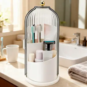 2026 Petit Bits 3-Slot Rotating Clear Organizer with Lid, Dustproof Drainage, Beauty Tools/Toothbrush/Toothpaste Storage, Bathroom Vanity Essential, 2026 New Year Gift, 14th Birthday Gift for Boyfriend