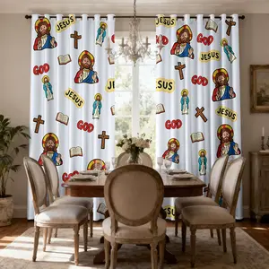 Cartoon Jesus Savior Pattern Bedroom Blackout Curtains, 84 Inch Long Sunshade Drapes, for Living Room Darkening, Window Panels for Study Guest Room Top Grommet 2Panels ﻿