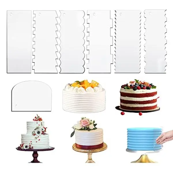 7 Pack Clear Acrylic Cake Scraper Set, 9.5 Inch Buttercream Cake Frosting Comb for Cake Decorating