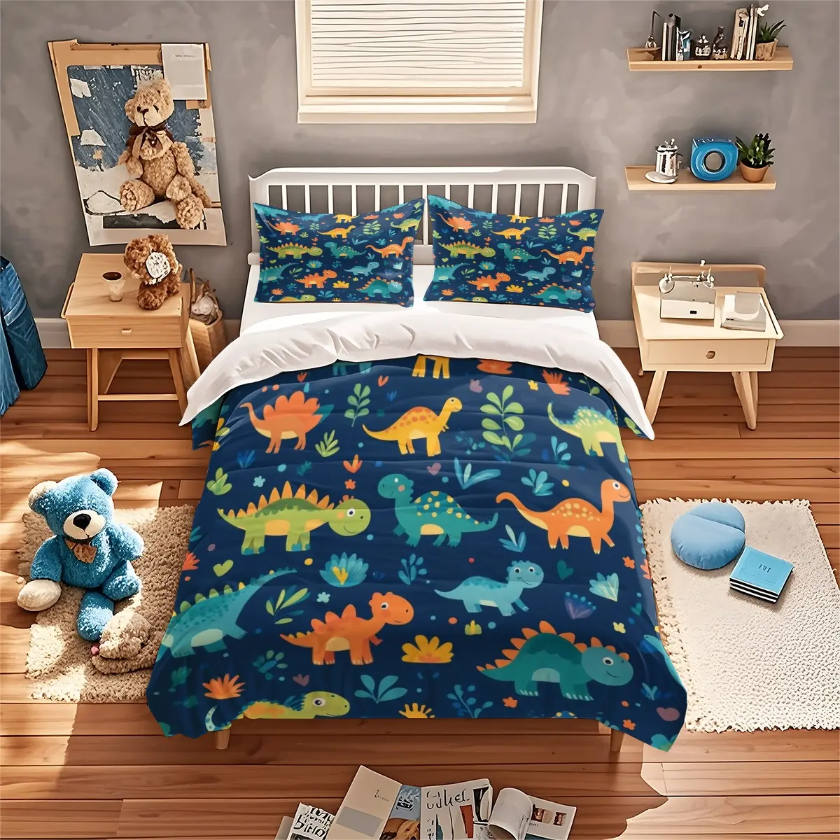 3-Piece Dinosaur Print (1 Fitted Sheet + 2 Pillowcases) Bed Sheets Set, Bedding Set, Soft Comfortable Bedroom Decor, Ideal for Dorms & Guest Rooms