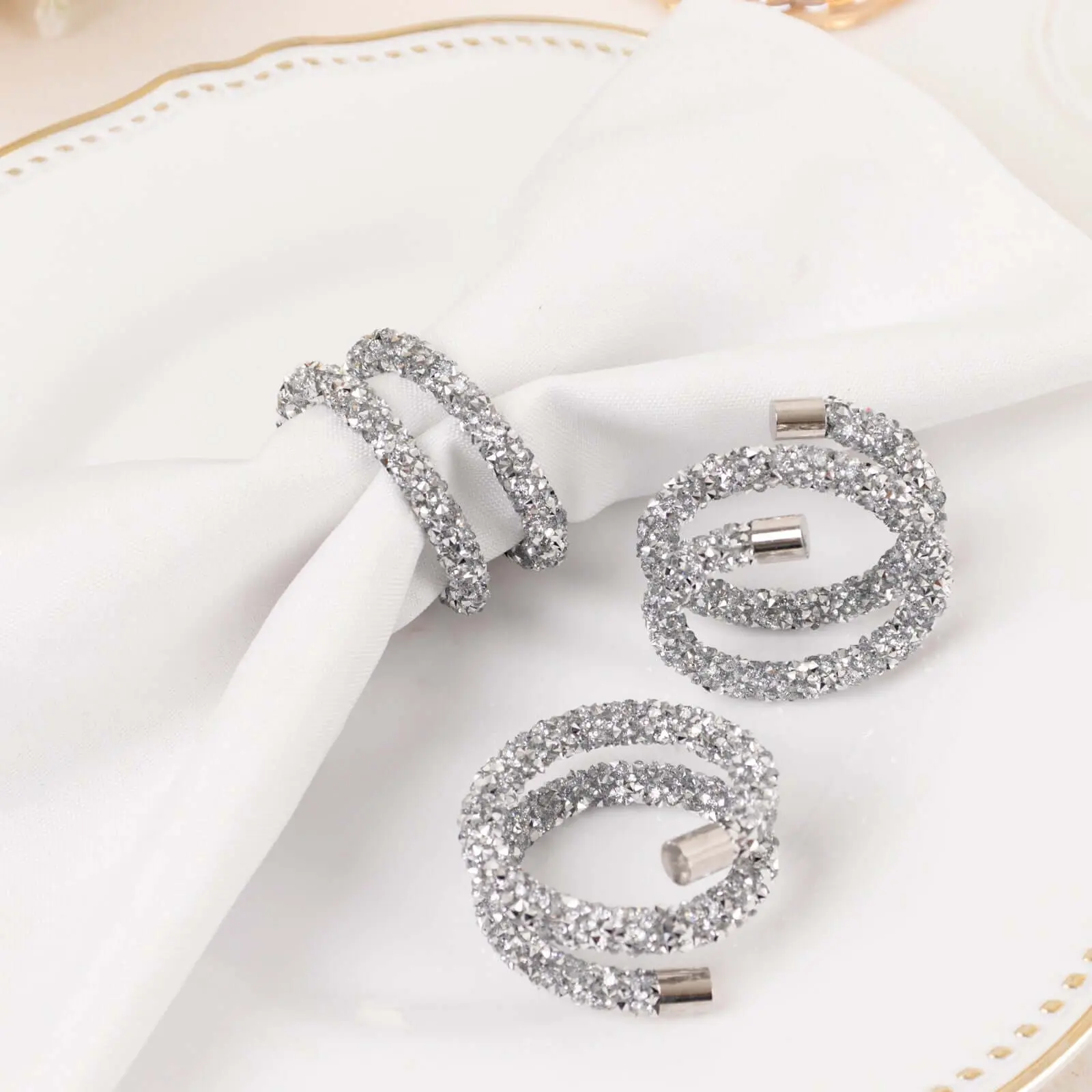 4-Pack Silver Sparkle Rhinestone Swirl Napkin Rings - Elegant Kitchen Utensils Cloth Napkin Holders for Weddings, Mother’s Day, Graduations