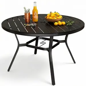 Arlopu Outdoor Patio Round Dining Table for 2/4, Patio Table with Adjustable Umbrella Hole & Foot Pads, Metal Steel Frame & E-Coating, All Weather for Backyard Lawn Deck Poolside