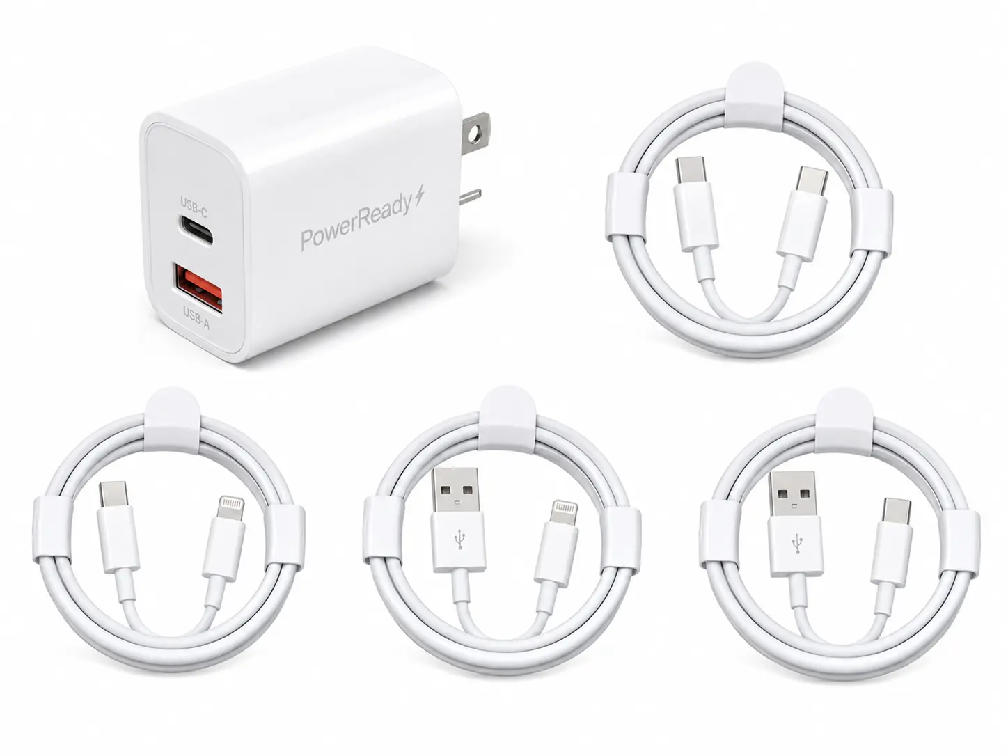 PowerReady Universal Charging Kit – 2-Port Wall Charger + 4 Cords