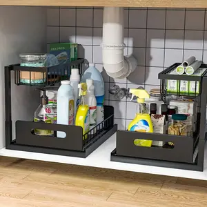 2 Packs Under Sink Organizer, Height Adjustable 2 Tier Under Kitchen Sink Organizer, Multi-Purpose Storage Shelf for Kitchen Bathroom Cabinet