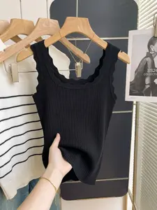 Women's Lace Trim Knit Vest, Sexy Square Neck Sleeveless Top, Casual Slim Fit Summer Knitted Shirt, Elegant Lace Decoration