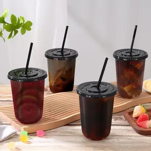 50 Sets 400ml Black Transparent Plastic Cups with Lids and Straws, Disposable Iced Coffee & Protein Shake Cups, Leak-Proof U-Shape Lid, Party & Event Essential