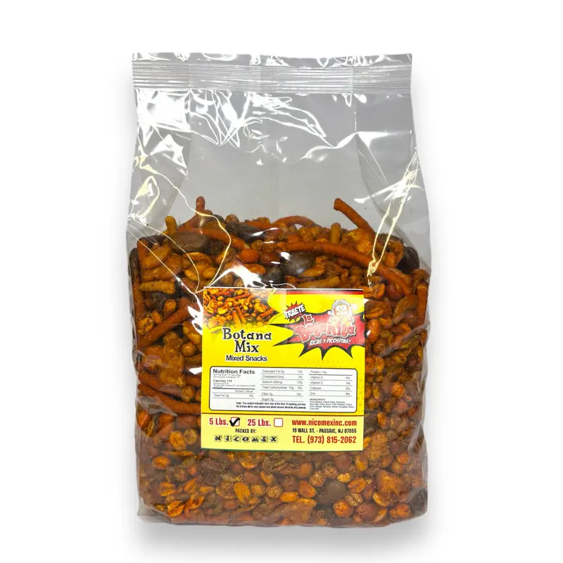 Nicomex - Botana mix - Authentic Mexican Spicy mixed snacks. Mix of peanuts, churritos, broad beans, chickpeas and pumpkin seeds with chili powder. Party size 5Lb
