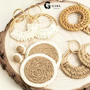 GGIRL  Multiple Style Handmade Raffia Rattan Hoop Earrings Set | Boho Coastal Drop Dangle Earrings for Women | Lightweight Beach Vacation Statement Hoops | Natural Woven Jewelry for Summer & Daily Wear & Beach Party