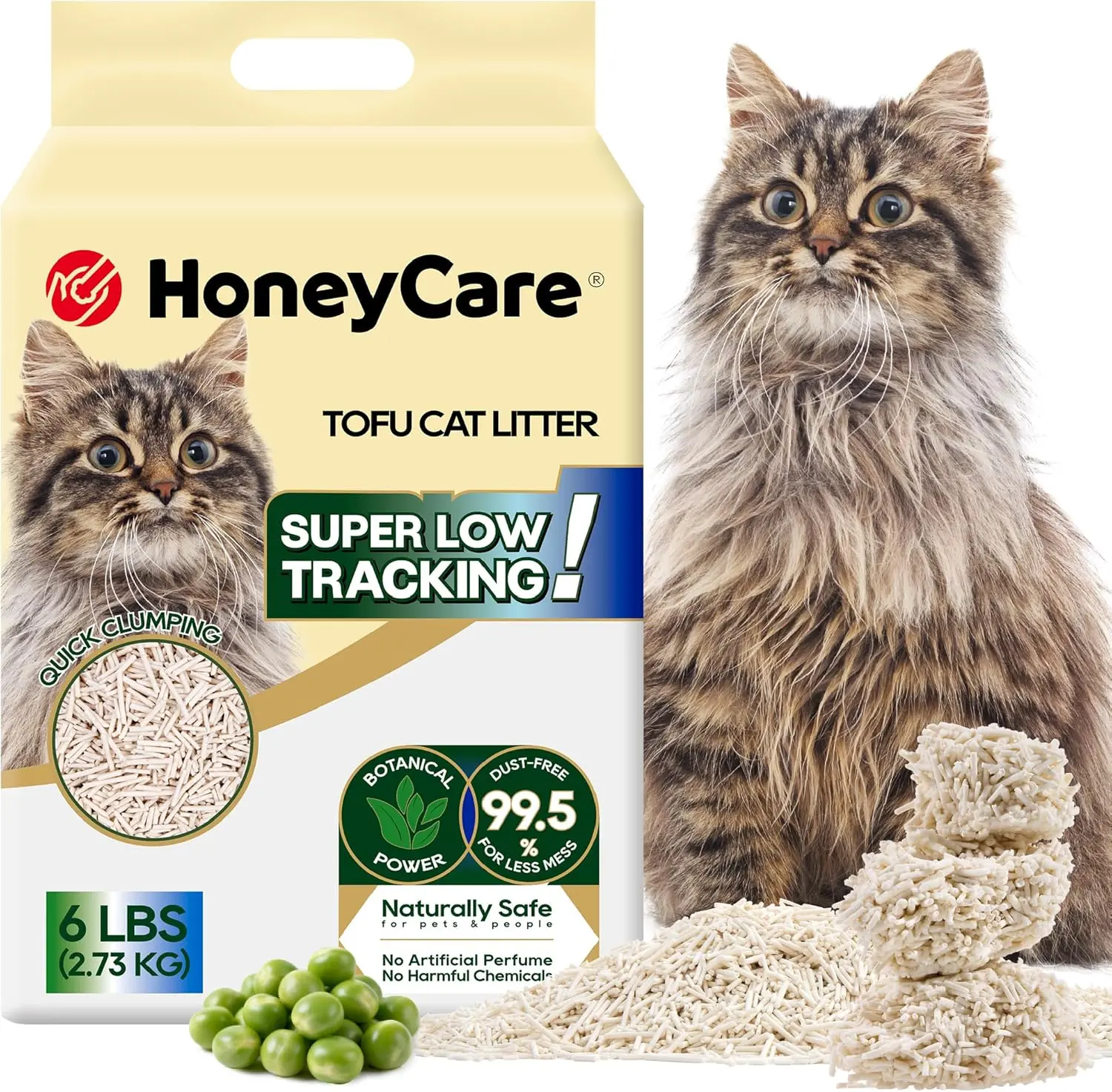 HoneyCare Tofu Cat Litter - 100% Plant-Based Pellets, Sustainable, Biodegradable, Low-Dust, Quick-Clumping, Superior Odor Control, 6-lbs Clumping, Odor Absorbing, Scoopable Litter for Pet Lovers, Clumping Litter