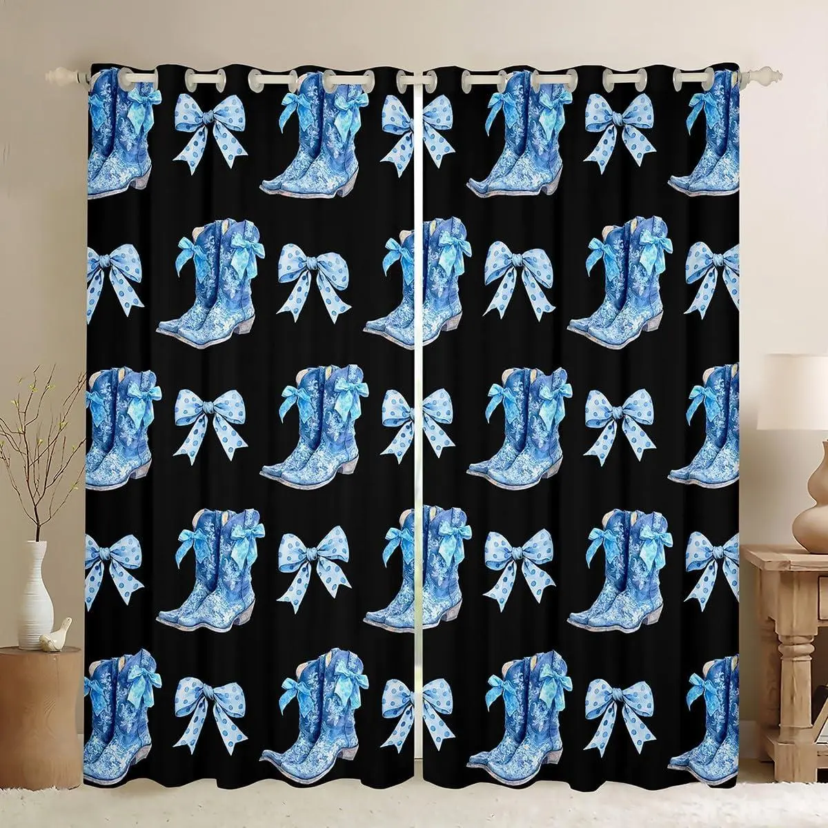 Blue Bow Blackout Curtains Cute Bows Window Curtains 2 Panels,42X63,Western Cowboy Boots Window Treatments Drapes Cowgirl Polka Bowknot Curtain