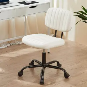 Armless Office Desk Chair with Wheels, PU Leather Swivel Task Chair with Lumbar Support, Comfy Rolling Vanity Chair for Adults & Students