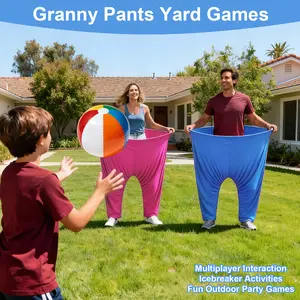 HAPPY APLENTY 18 PCS Granny Pants Yard Game Set, Oversized Blue & Pink Pants with 12 Bouncy Balls, 2 Pumps & 2 Flags, Outdoor Tossing Games for Adults Family Birthday Backyard Party Team-Building Gatherings