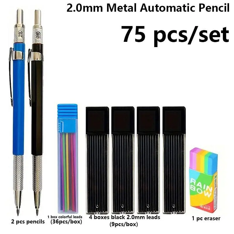 Mechanical Pencils Set, Pencil With Eraser, 75pcs/set Including 2 Counts Metal Automatic Pencil & 5 Boxes Lead & 1 Count Eraser, Stationery Supplies for Home Dormitory School Office, School Supplies, Stationery Writing Tools