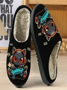Electron Gaming Cat Cotton Slippers, Plush Warm Feet Super Comfortable, Game Controller Print, Casual Home Gaming Atmosphere