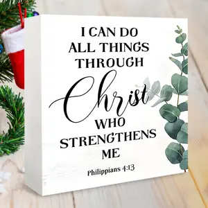 Inspirational Christian Christmas PVC Desktop Decorative Sign, 3.96x3.96 Inches, I Can Do All Things Through Christ, Holiday Decor