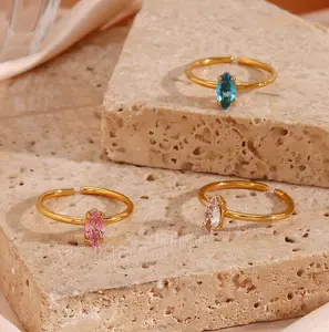 18K Gold Plate Marquise-Cut Ring with Adjustable Open Band - Available in Multiple Colors