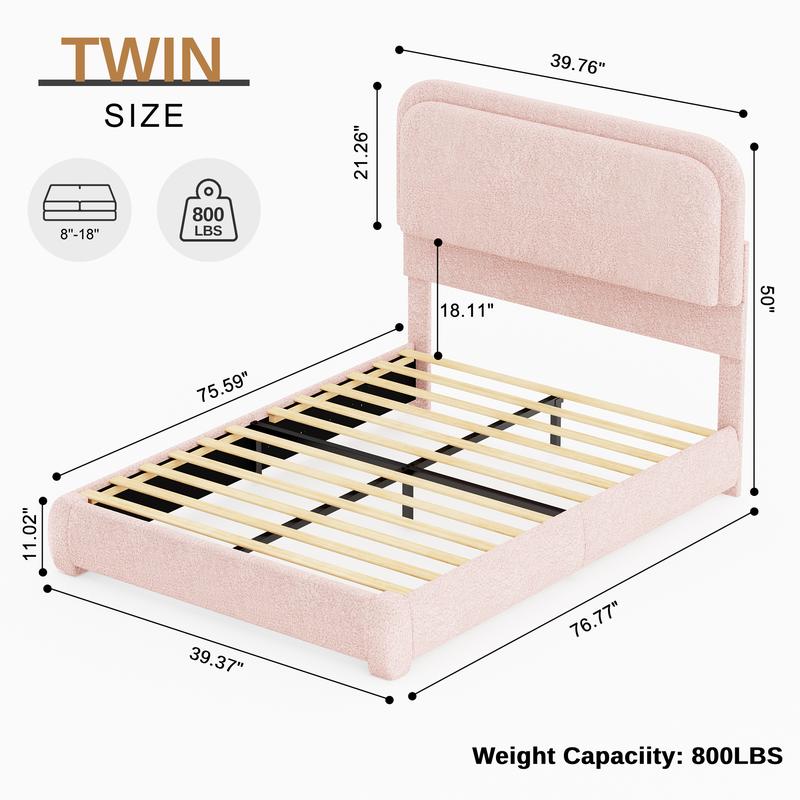 SIBEDS Queen Size Bed Frame with LED Lights, Princess Pink Teddy Fleece Rounded Corner Upholstered Platform Bedframe with Headboard, Modern Style, Soft Rounded Corners, Noise Free, No Box Spring Needed, Easy Assembly