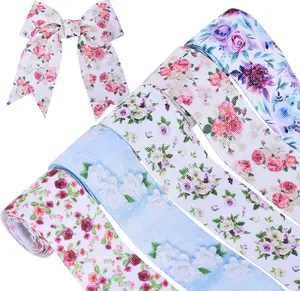 Floral Grosgrain Ribbon, 5 Rolls Flower  Ribbon Spring Summer Fabric Decorative Craft Ribbon Roll for  Wrapping Decor Hair Bow Sewing Wreath Crafts (Mixed Color, 1-1/2Inch X 10Yards)
