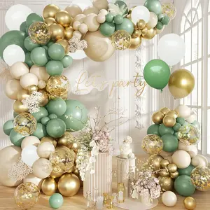 112 pieces of green and white gold balloon garland set, including grass green, white, and gold latex balloons, suitable for baby showers, weddings, girls' birthday parties, wild themed decorations, used for balloon arches or vertical decorations
