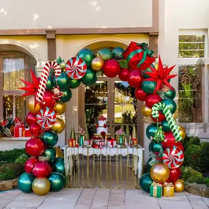 Christmas party decorations with Hunter Green Red Gold Balloon Garland Arch & Xmas Tree Santa Candy Cane Star lollipop gift box ribbons foil Balloons for friendsmas New Year's Eve Decorations