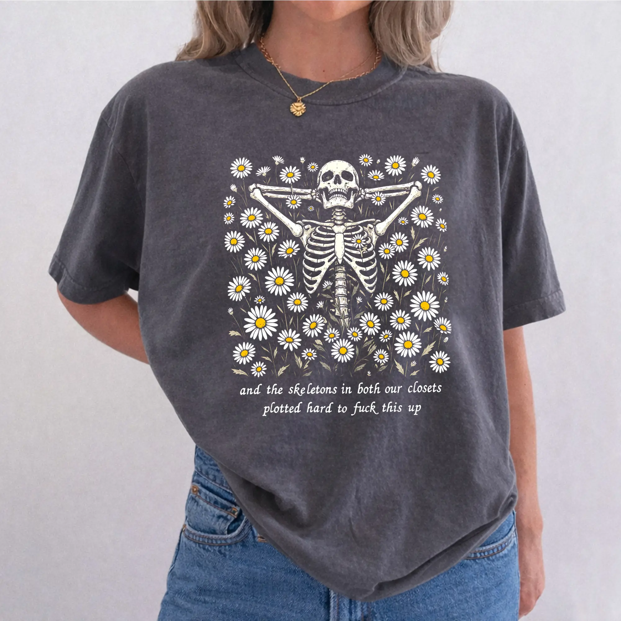 ChicCotton Skeleton Floral Skeleton Daisy Shirt, Relationship Heavyweight Cotton T-shirt, Adult Humor Graphic Tee, Sad Girl Clothing