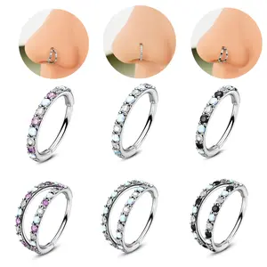 Oufer 20G Semiprecious Opal Mixed AAA+ CZ Nostril Nose Ear Segment Hinged Piercing Hoop Ring 316L Stainless Steel Body Jewelry Non Tarnish