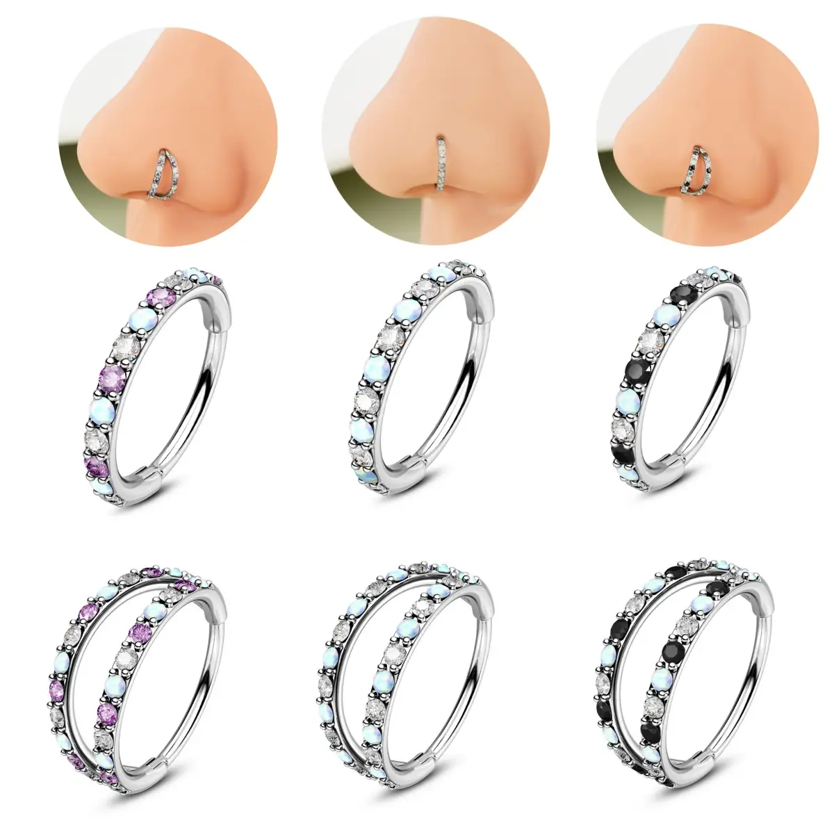 Oufer 20G Semiprecious Opal Mixed AAA+ CZ Nostril Nose Ear Segment Hinged Piercing Hoop Ring 316L Stainless Steel