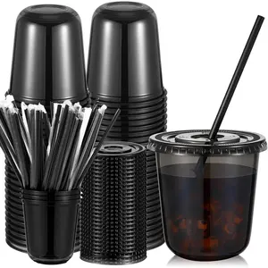 50 Set 12 oz Clear Plastic Cups with Lids and Straws, PET Disposable Iced Coffee Cups for Drinking Cold Beverage Juice Parfait Smoothie Milkshake Coffee Shops Party Supplies(Black)