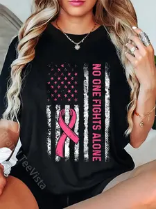 100% Cotton Unisex No One Fights Breast Cancer Alone American Flag Pink Ribbon T-Shirt