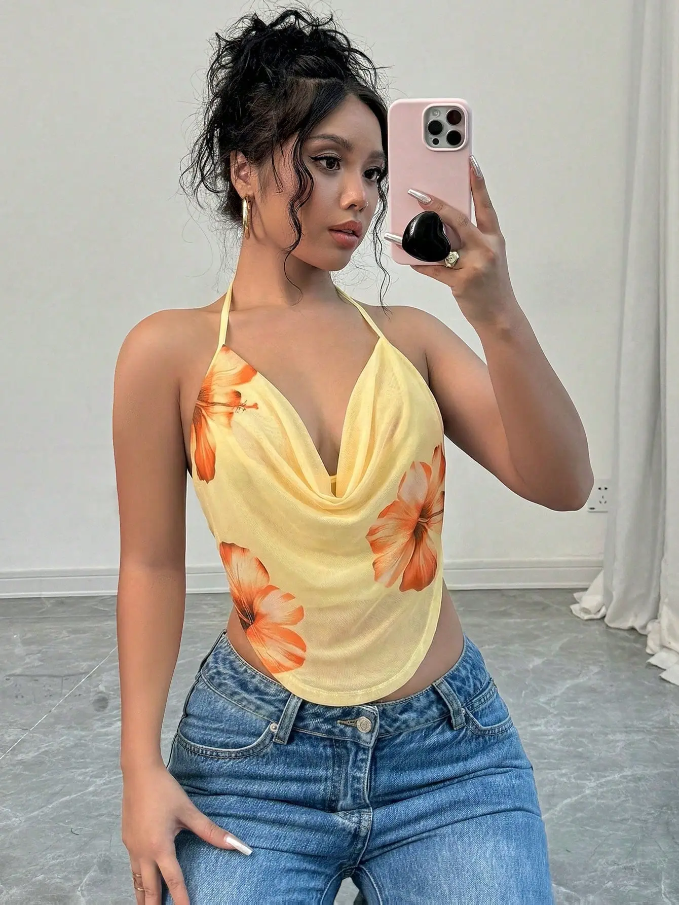 Women's Fashionable Elegant Sexy Floral Print Mesh Plunging Neck, Suitable For Summer Vacation,Summer Top