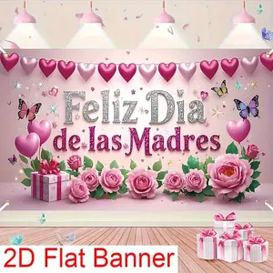 2D flat banner, Decorative banner, featuring the design of "Feliz Dia de las Madres" (Happy Mother's Day) with heart-shaped balloons and sparkling stars, available in multiple sizes made of polyester material, suitable for indoor/outdoor celebration