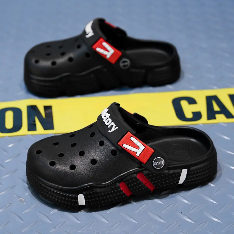 Men Sport Victory Logo Platform Clogs, Adjustable Heel Strap Hollow Breathable EVA Water Sandals, Non Slip Cushioned Thick Sole Slides, Black Gray Two Color Footwear For Beach Shower Hiking Daily Casual Walking
