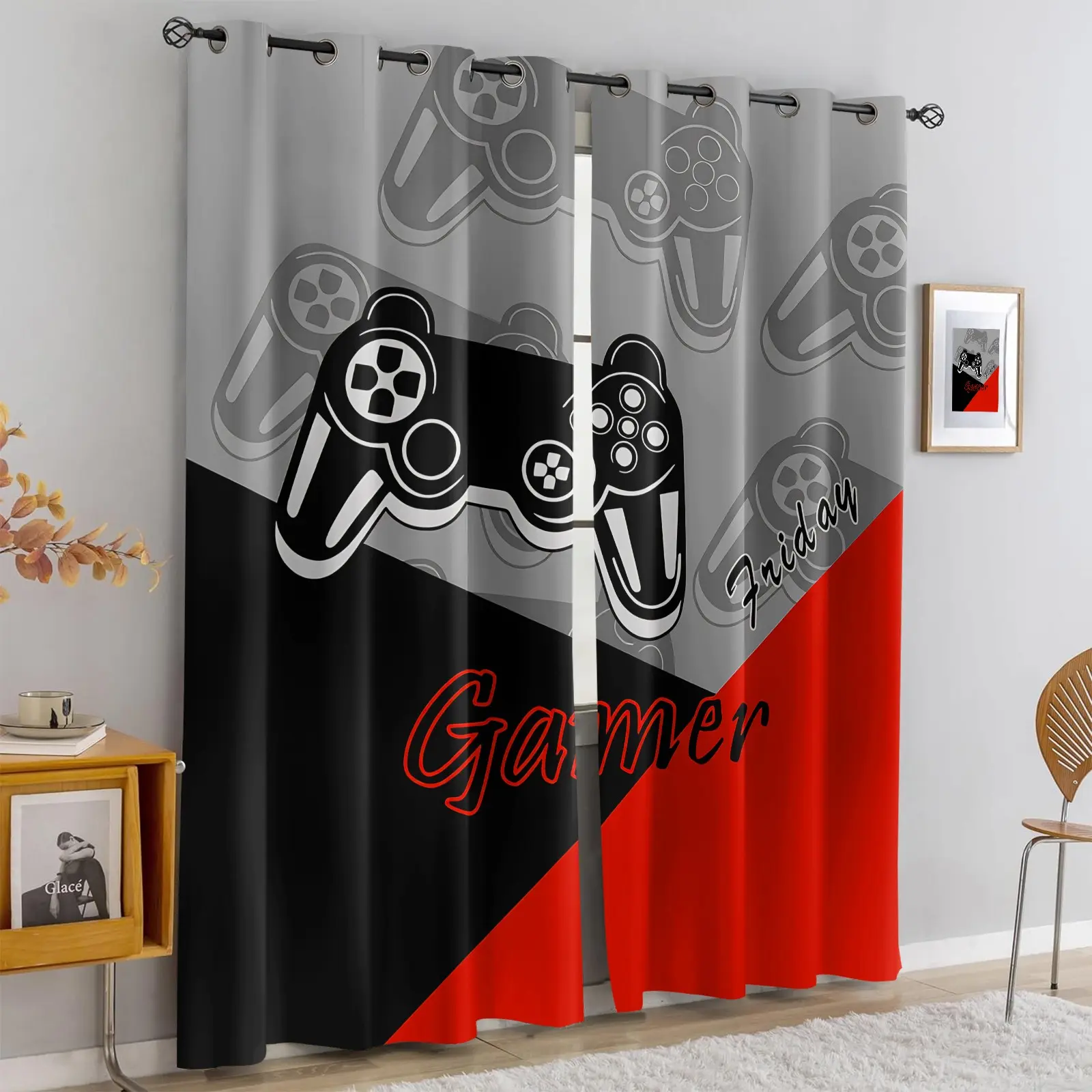 2 panels Video Gamer Pattern Blackout Curtains, Friday Gamer Quote & Controller Design Light Blocking Drapes for Teens Bedroom, Cool Gaming Room Decor, Window Curtain Panels