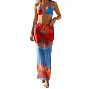 Women's 3-Piece Vibrant Floral Bikini Set with Sheer Mesh Maxi Skirt Cover Up，bathing suits 2026，70's style low rise bikini bottoms，vacation swimwear for women，halter triangle bikini top，the floss bikini，bathing suits for the summer