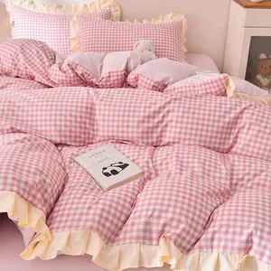 Korean Style Lace Plain Plaid Bedding Set, Blue, 3 Piece Set Including Duvet Cover and Pillowcases, Soft Bedding Sets