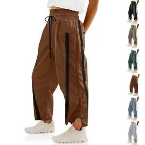 Women's Baggy Wide Leg Pants Contrast Color High Elastic Waisted Casual Loose Fit Trousers Drawstring Workout Track Pants with Pockets