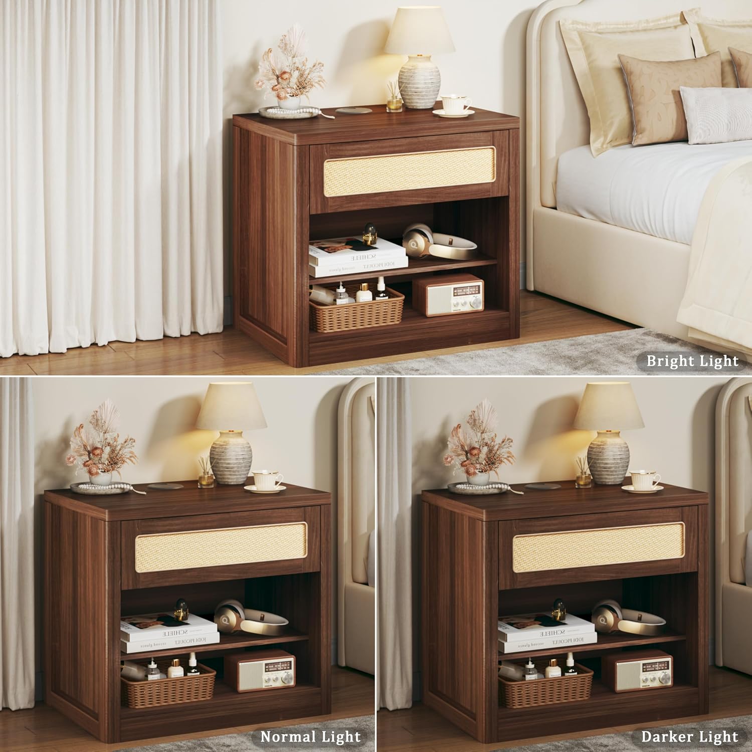 Wide Nightstand, 26" Mid Century Modern Wooden Night Stand, Rustic Bedside Table with Rattan Drawer, Large Side Table with Wireless Charging, Vintage End Table with Storage for Bedroom, Walnut