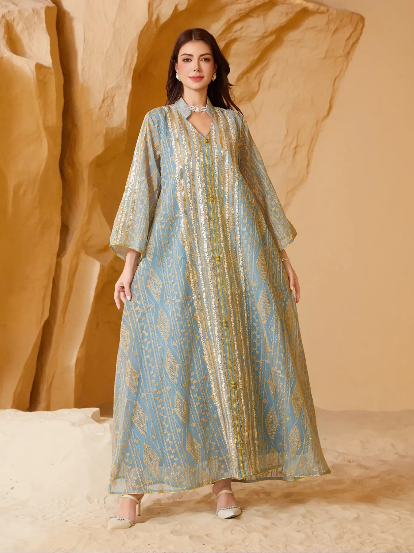 long sequin dress islamic Wholesale moroccan abaya dubai abaya abaya in dubai Tassels Qater Kaftan,2 Pieces