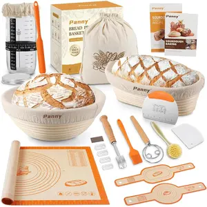 Panny Sourdough Starter Kit, Banneton Bread Proofing Basket with Glass Sour Dough Starter Jar, Sourdough Bread Baking, Making Tools, 9" Round & 10" Oval Baskets, Christmas Gift for Men Women