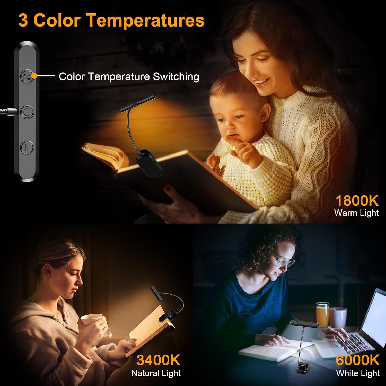 24 LED Rechargeable Book Light with Memory Function | Eye-Friendly 3 Colour Temperatures, Stepless Dimming & 80-Hour Runtime. Perfect Clip-On Light for Reading in Bed.