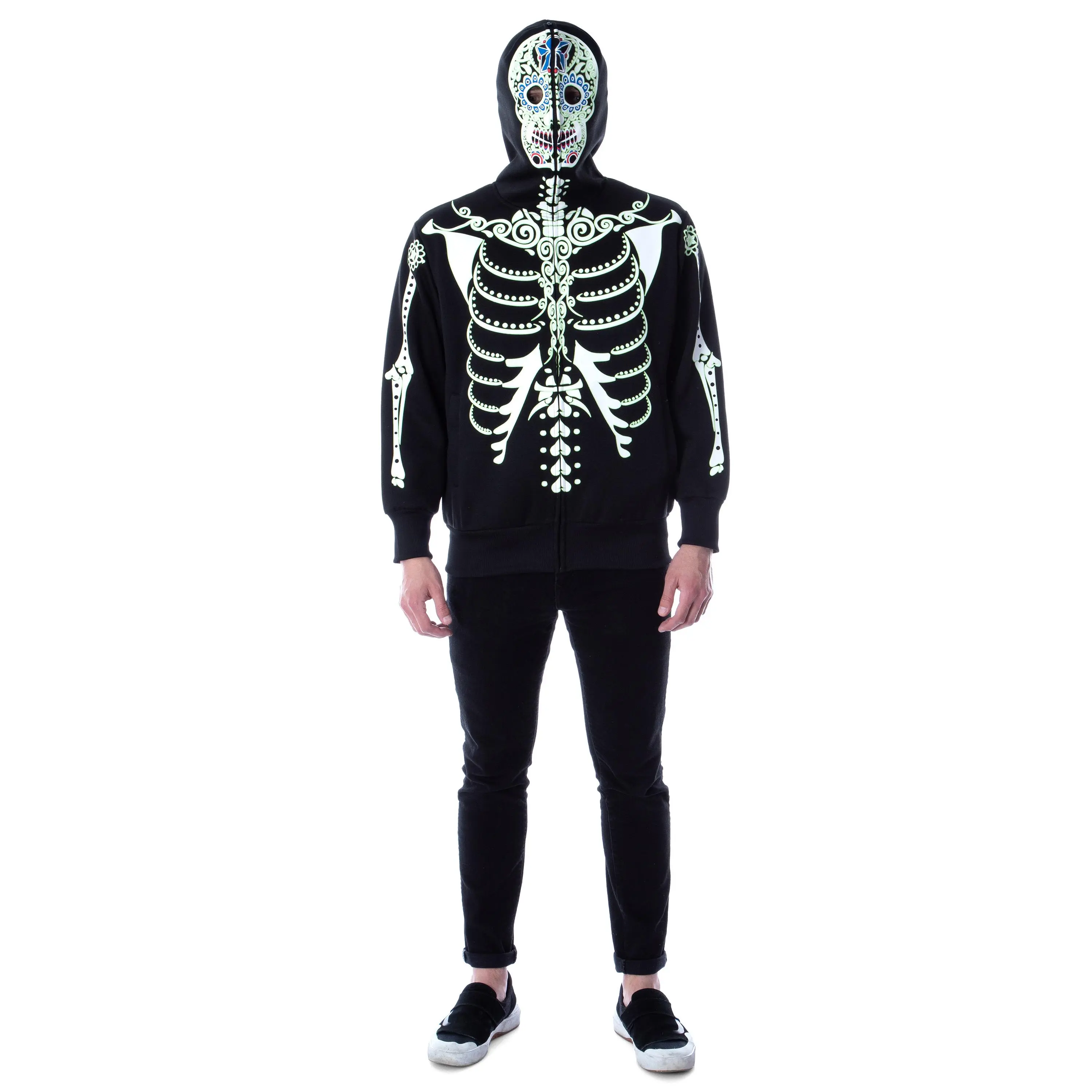 Men's Glow in The Dark Skeleton Costume Zip Hoodie (Black-Dia De Los Muertos, Large)