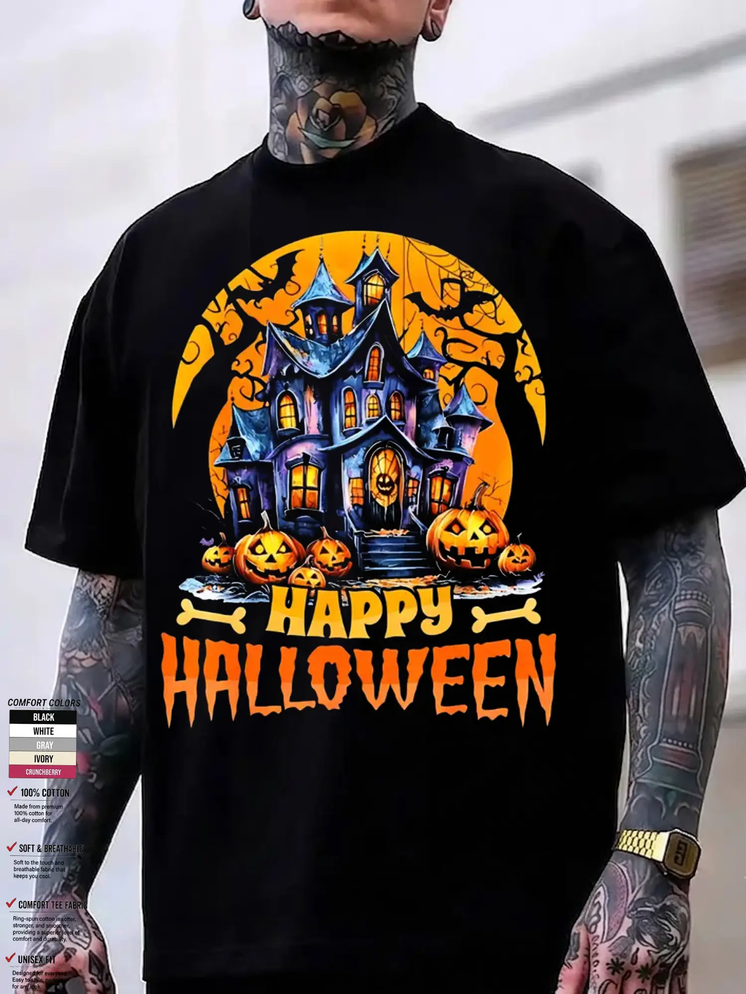 Happy Halloween Haunted Mansion Unisex T-Shirt for Men & Women - Jack O Lantern Bats Moon Graphic, Soft Cotton Crew Neck Short Sleeve, Comfortable All-Season Tee, Perfect for Everyday Casual & Spooky Party Style, Summer Spring, Machine Washable