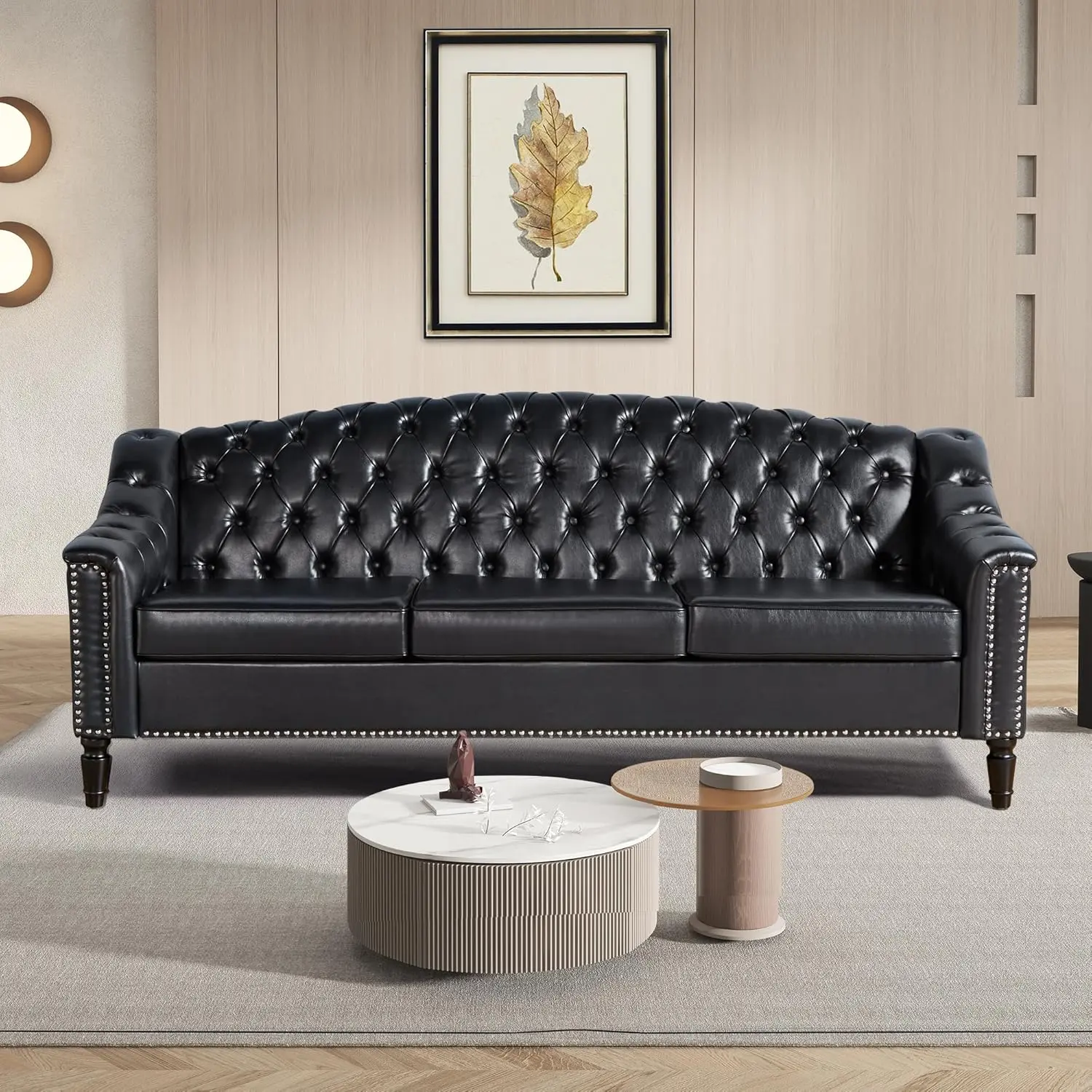 FurSch Black Tufted Chesterfield Sofa, 3-Seater Faux Leather Couch with Nailhead Trim, 800 LBS Weight Capacity, Classic Button-Tufted Living Room Sofa