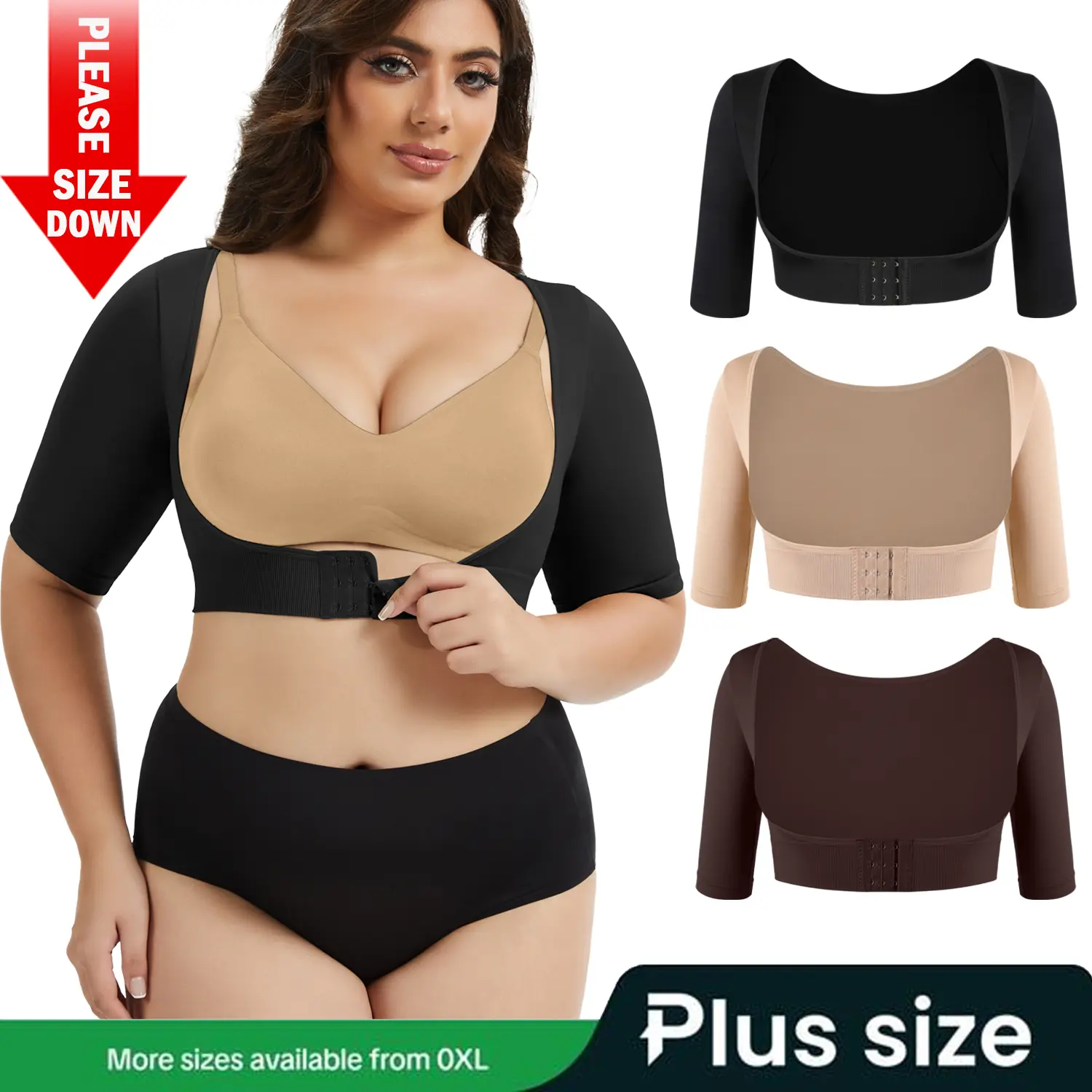 【Plus Size】Plus Size Arm Shaper Crop Top for Women, Soft Short-Sleeve Push-Up Shapewear with Front Closure for Everyday Casual Wear, Plussize, Compression, Curvy Women Plus Size, Built-In Shapewear Tops