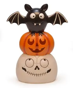 Stacked Skull Pumpkin and Bat LED Color Changing Halloween Tabletop Figurine 12 Inch Decor Light Battery Operated Spooky Ornaments