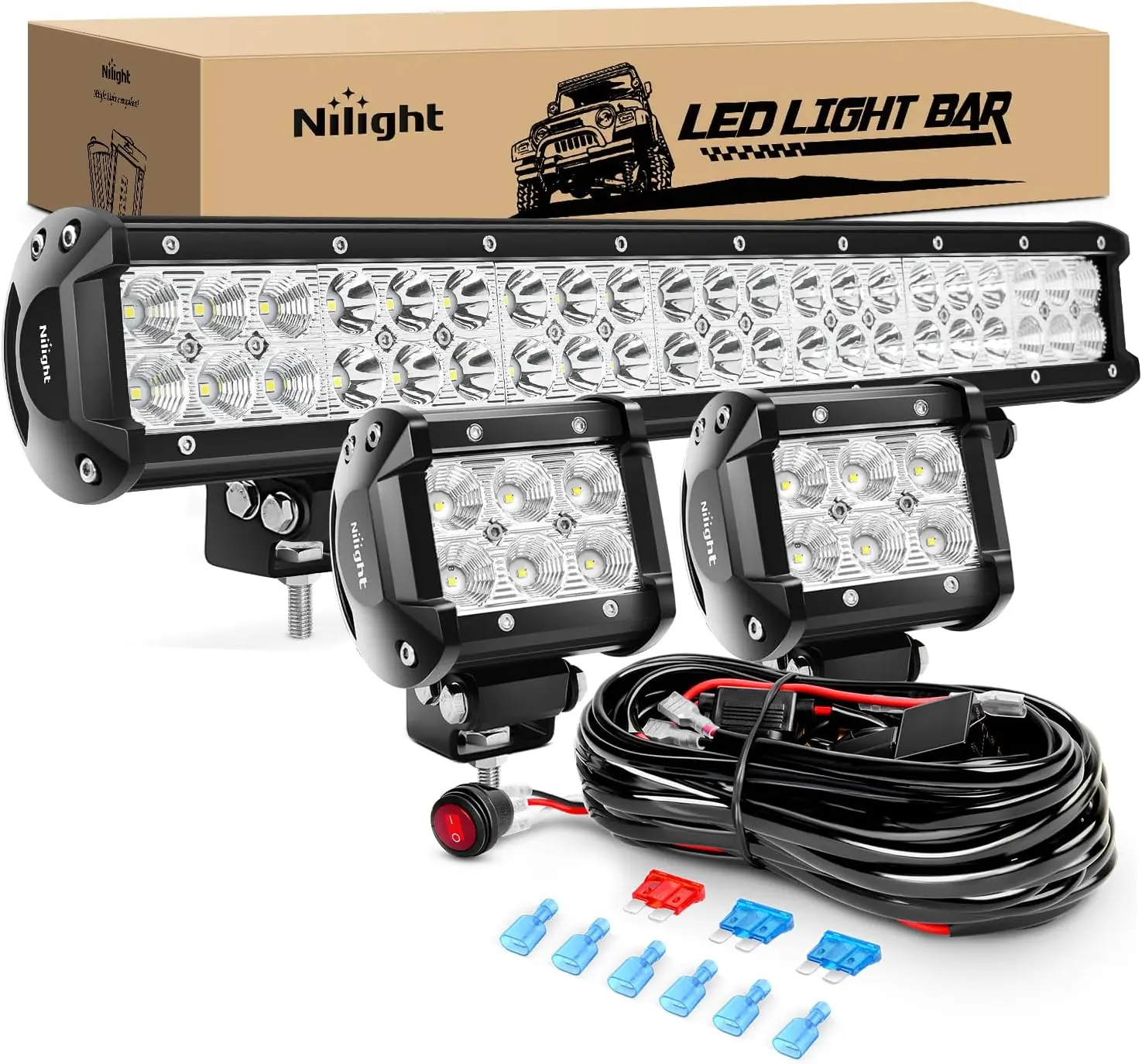 Nilight 20Inch 126W Spot Flood Combo Led Off Road Led Light Bar 2PCS 18w 4Inch Flood LED Pods With 16AWG Wiring Harness Kit-2 Lead daytime running Underglow Car, Led Work Light, Off-Road Compatible