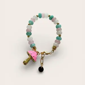 Blush Mushroom Charm Bracelet with Pastel Beads and Gold-Tone Accents for Stylish Accessory