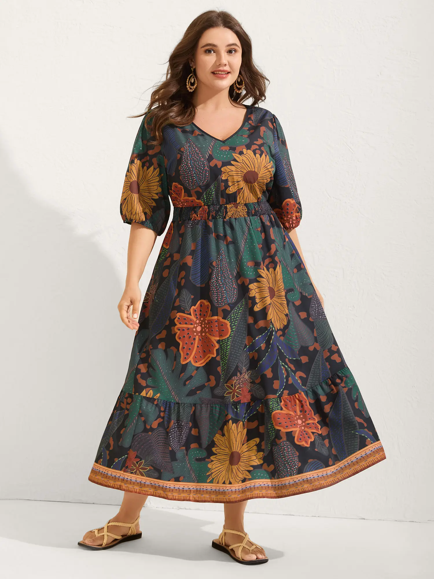 BloomChic Women's Resort Wear Ditsy Floral Midi Dress - V-Neck, Lantern Sleeves, Shirred Bodice, Side Pockets, Spandex Smooth Fabric, Perfect Fit, Cold Wash, Low Iron, Ready-To-Wear Casual Garment