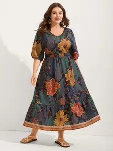 【Summer Turn-Up】【Pocket Approved】 Bloomchic Floral Shirred Lantern Sleeve Midi Dress in Dark Blue V-neck Half Sleeve with Side Seam Pocket for Resort Style 2026 Summer Pick for Mother's Day
