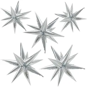 60Pcs Silver Star Explosion Mylar Balloons 12 Large Foil Spike Balloons for Birthday Wedding Anniversary Christmas New Year Eve Party Backdrops Decorations Supplies